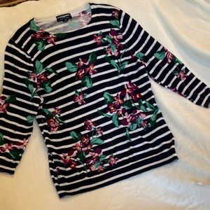 Lands End Striped Floral Pansies Orchid Sweater Supima Cotton RS Size Medium